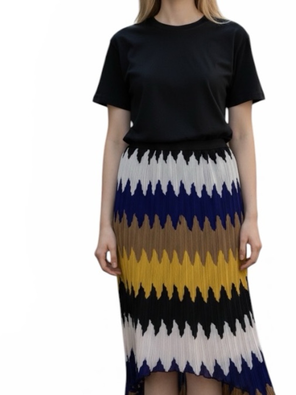 Stevie & Lindsay Women’s Pleated High-Low Chevron Midi Skirt Size M Multicolored